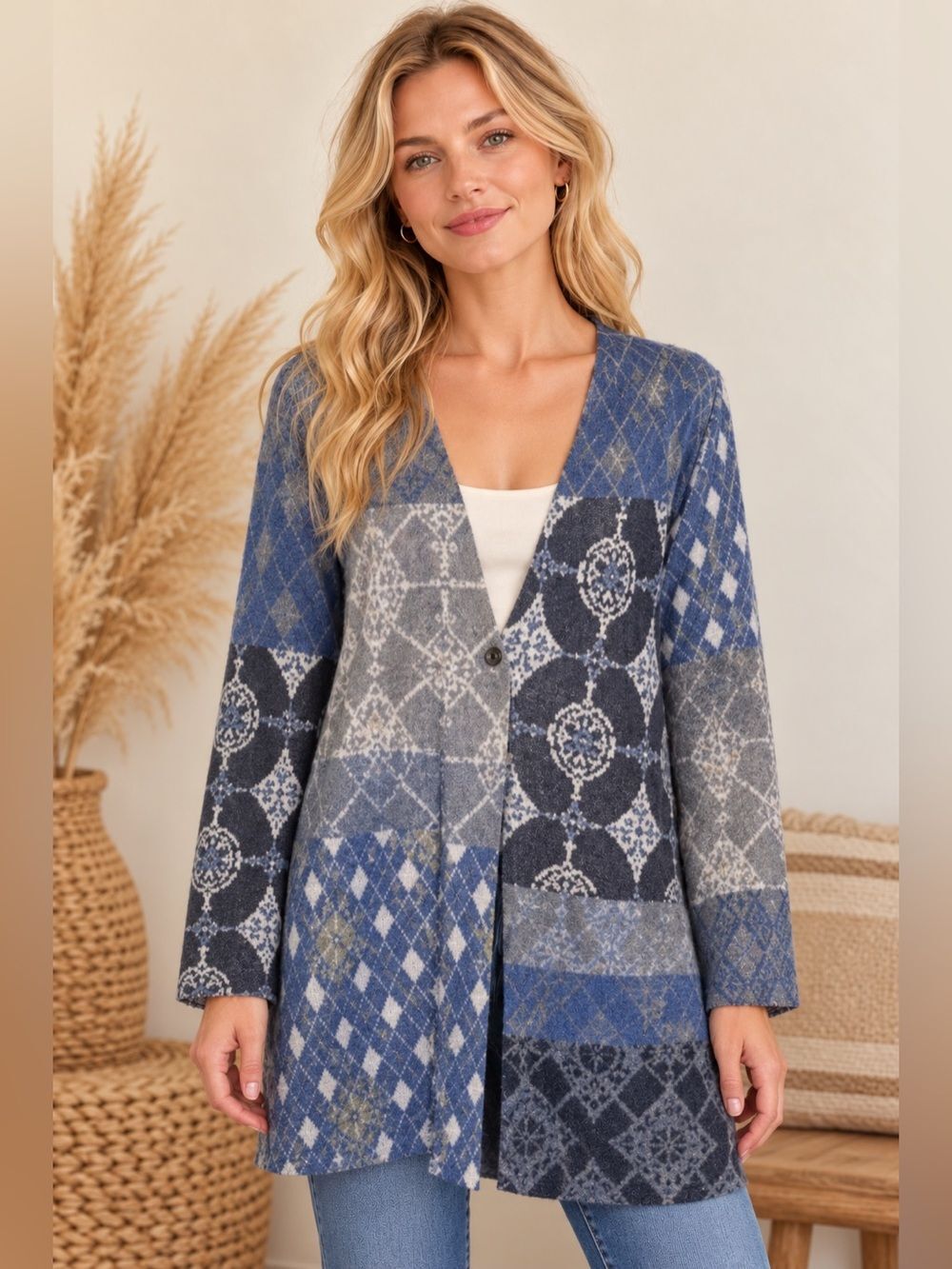 J. Jill Blue and Gray Patterned Cardigan
